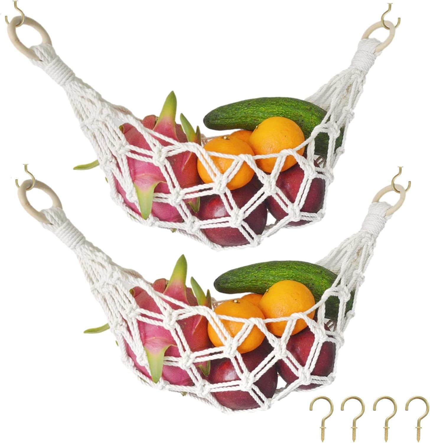 2 Sets of Macrame Hanging Fruit Hammock, Hanging Fruit Basket Under the Kitchen Cabinet with Hooks (All Handwoven) for Banana, Produce, Vegetables or Fruit Storage (Ivory) 2 Sets of Macrame Hanging Fruit Hammock, Hanging Fruit Basket Under the Kitchen Cabinet with Hooks (All Handwoven) for Banana, Produce, Vegetables or Fruit Storage (Ivory)