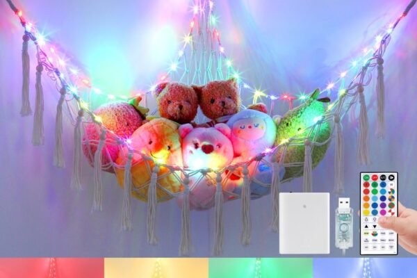 20 Color Change Stuffed Animal Hammock 75LEDs, 55in Extra Large Storage Macrame Hammock with 44-Key Remote, USB Hanging Plush Animal Net for Kids Bedroom Doll Room Corner Organizer (20 Colors, XL)