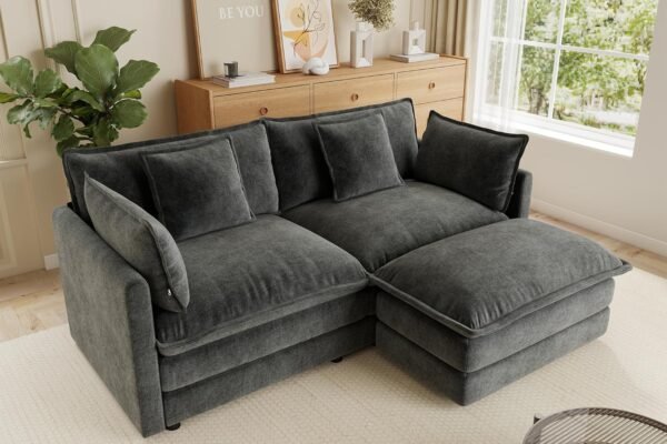 76.7″ Modular Sectional Couch, Chenille Cloud Couch Sofa with Pillow and Movable Ottoman, L Shaped Deep Seat Couches for Living Room, Bedroom, Office, Apartment