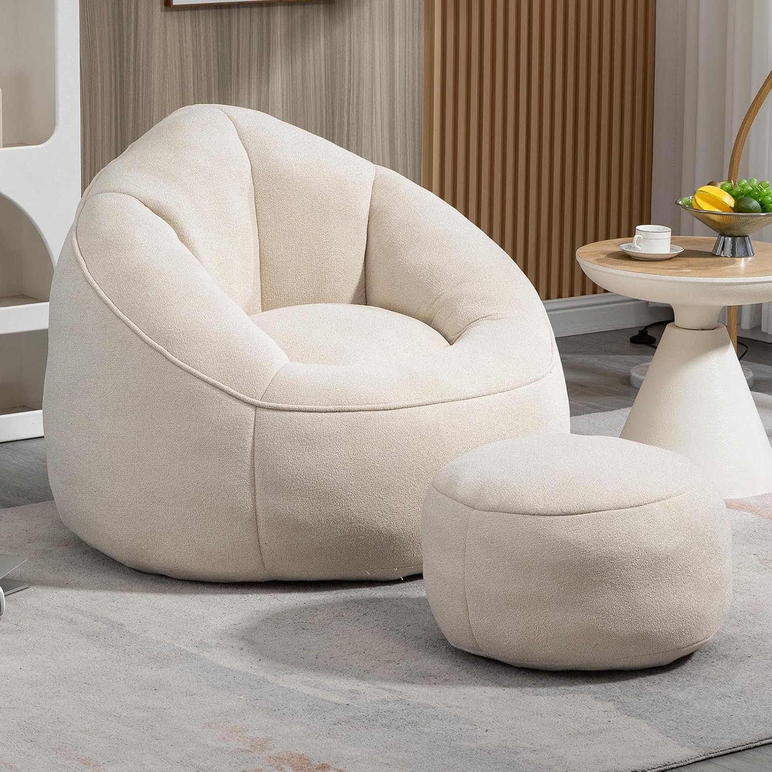 Bean Bag Chair for Adult, Microfiber Upholstered Bean Bag Sofa with Petal Back, Shell-Shaped Beanbag Chair with Footstool, Memory Foam Stuffed Lazy Sofa for Living Room, Bedroom (Beige)