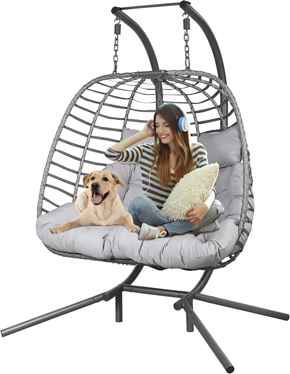 Double Hanging Egg Chair wth Stand, Patio Hammock Swing Chair with Cushion Loveseat for Bedroom, Balcony, Garden, Indoor, Outdoor