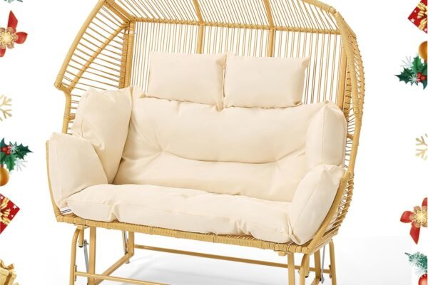 ECOTOUGE Patio Double Egg Chair, Indoor Outdoor Oversized Loveseat, 2 Person Extra Large Wicker Lounge Rocking Glider Chairs w/Thicken Padded Cushions and Pillow for Garden Balcony Sunroom, Yellow