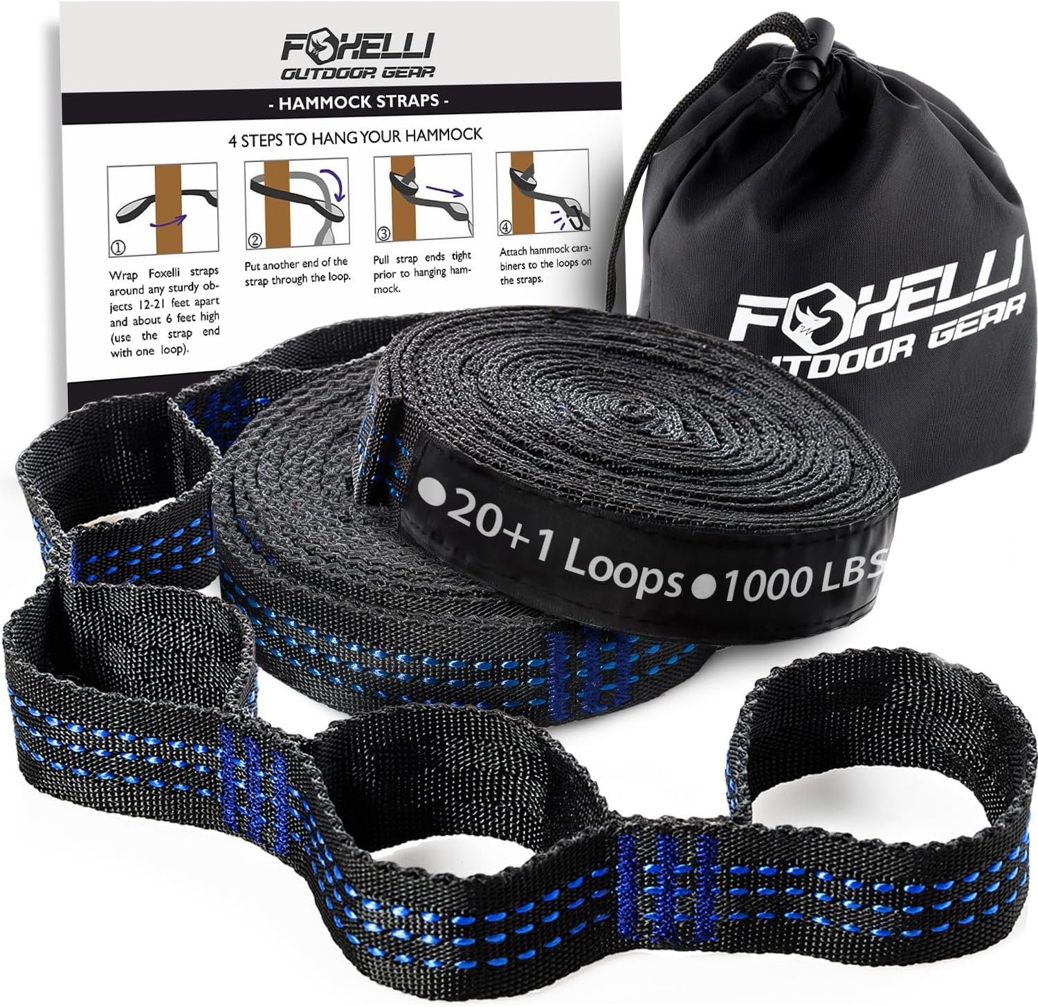 Foxelli XL Hammock Straps – Extra Long 20FT Heavy Duty No-Stretch Suspension System, 40+2 Loops, 2000 LBS Capacity, for Indoor/Outdoor Use – Set of 2 Straps & Carry Bag Foxelli XL Hammock Straps – Extra Long 20FT Heavy Duty No-Stretch Suspension System, 40+2 Loops, 2000 LBS Capacity, for Indoor/Outdoor Use – Set of 2 Straps & Carry Bag