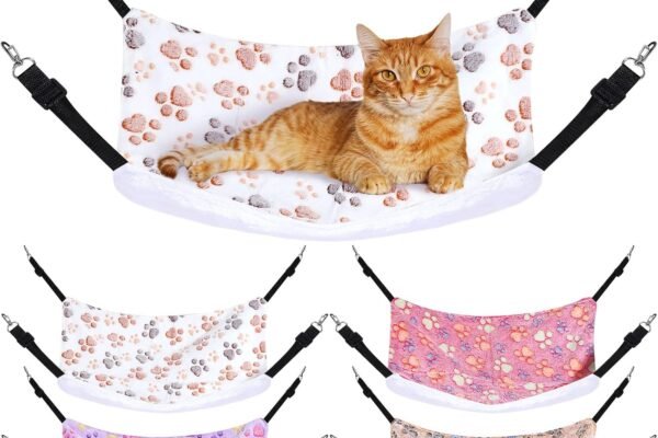 Geelin 4 Pcs Cat Hammock for Cage Hanging Soft Pet Hammock Bed with Adjustable Straps and Metal Hooks Double Sided Bed for Large & Small Cats Ferret Rat Sugar Glider Puppy(Paw,16 x 20 Inch)