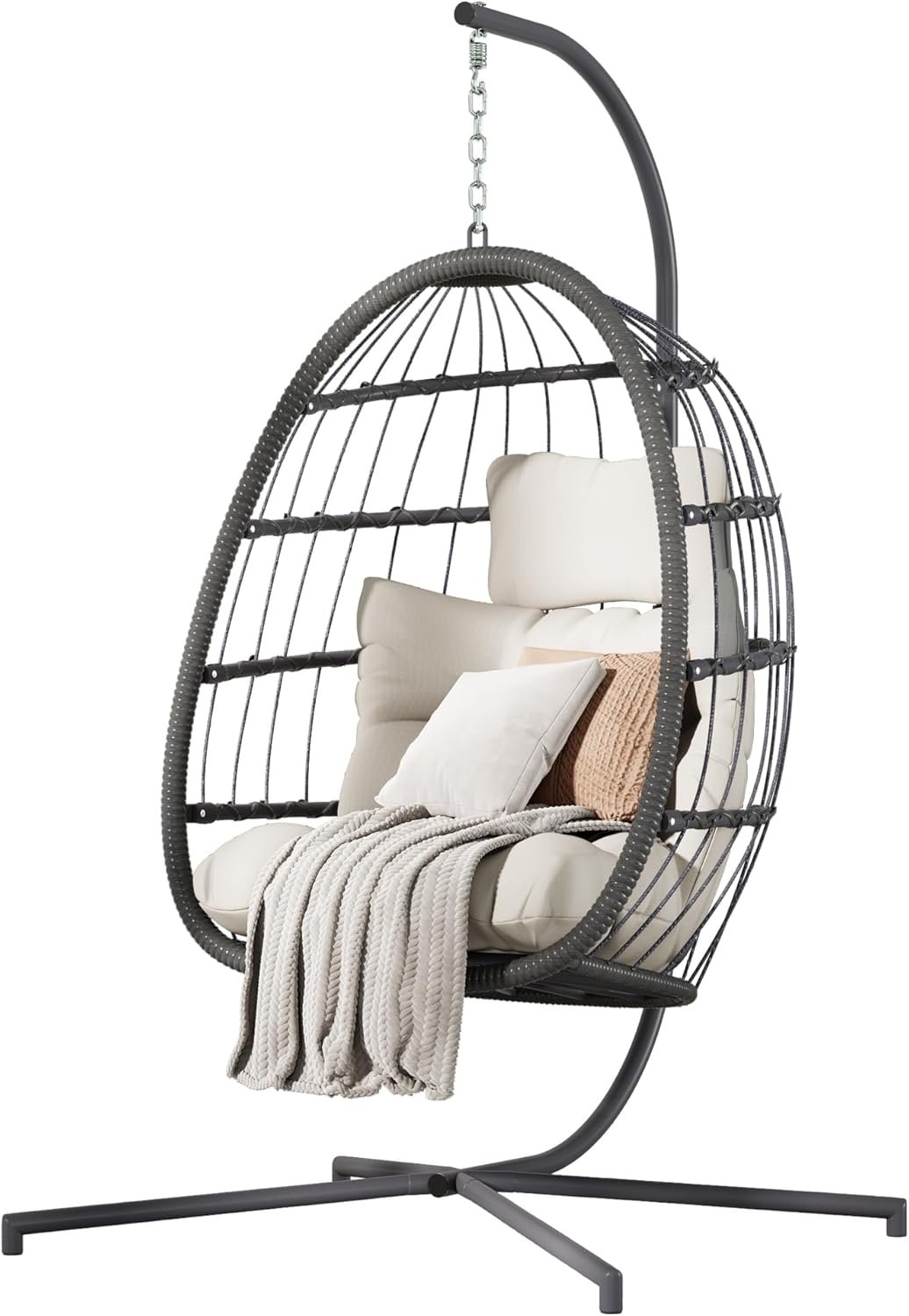 HWB Hanging Egg Chair with Stand, Patio Wicker Egg Swing Chair with Cushion for Bedroom Garden Indoor Outdoor (Beige) HWB Hanging Egg Chair with Stand, Patio Wicker Egg Swing Chair with Cushion for Bedroom Garden Indoor Outdoor (Beige)
