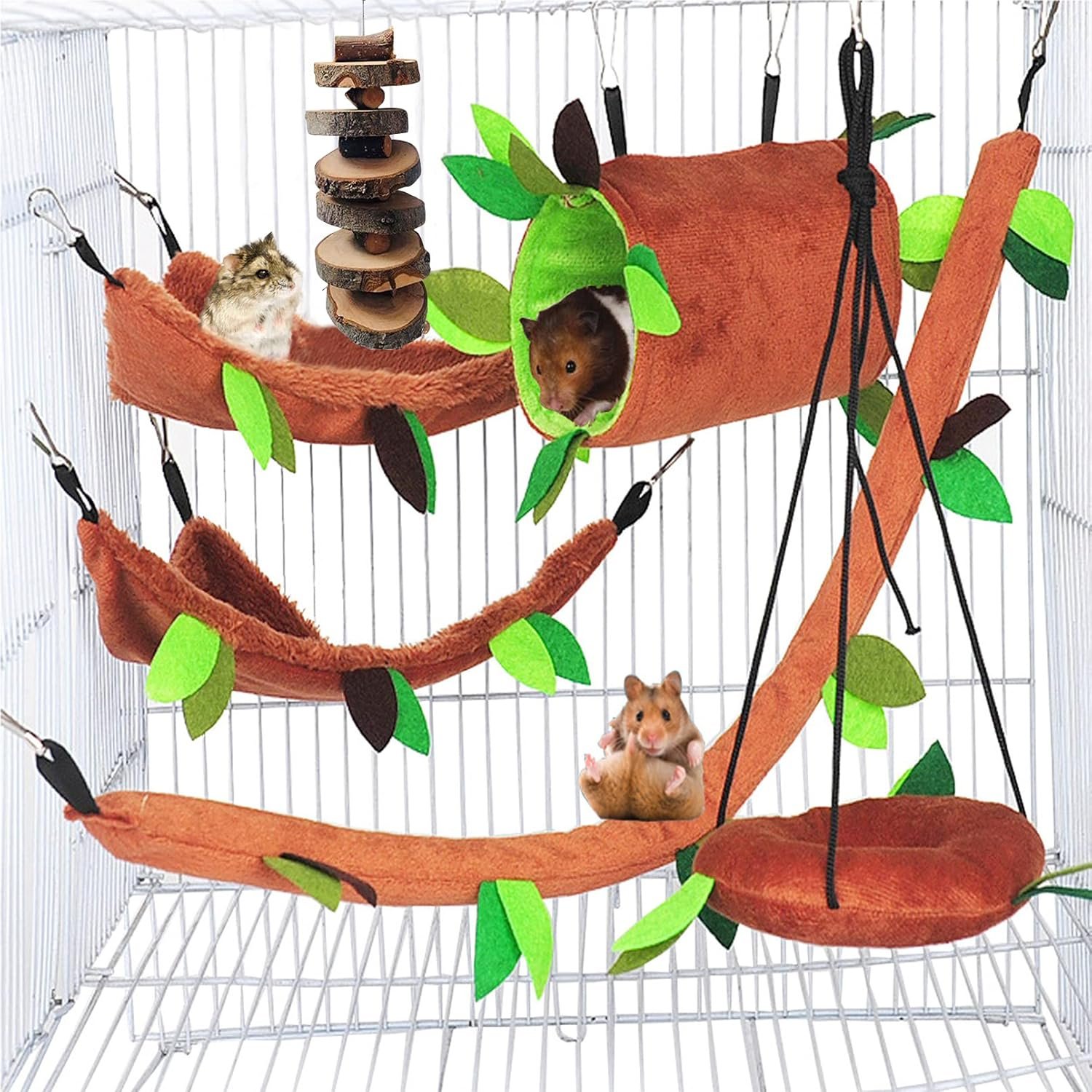 Hamiledyi 6 Pcs Hamster Hammock Small Animals Hanging Warm Bed House Organic Natural Apple Wood Chewing Stick Rat Cage Nest Accessories Toy Hanging Tunnel and Swing for Sugar Glider Small Hamsters Rat