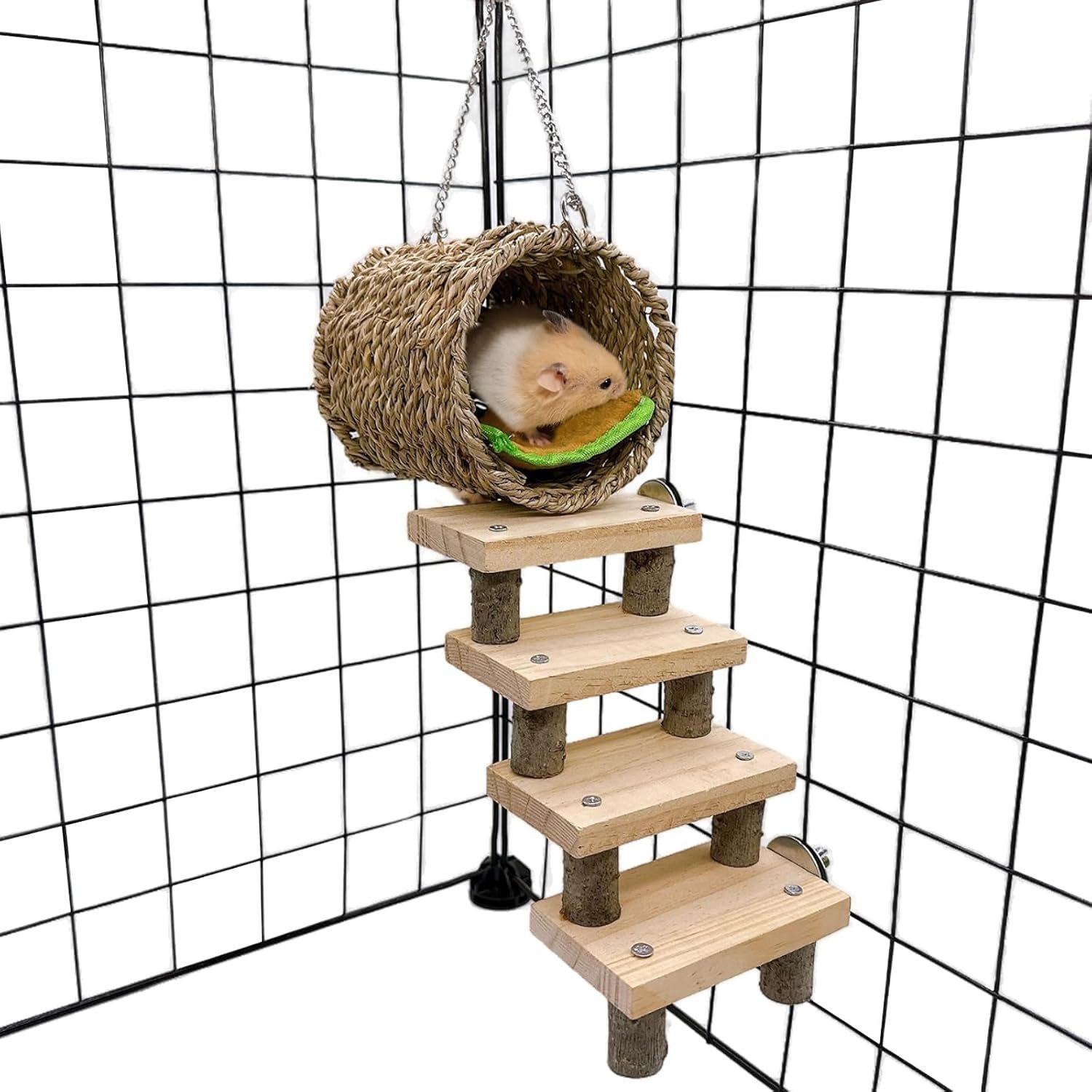 Hamiledyi Hamster Climbing Ladder Wood Stair and Hanging Hammock Set Wooden Molar Toys Cage Accessories for Syrian Hamster Gerbil Mice
