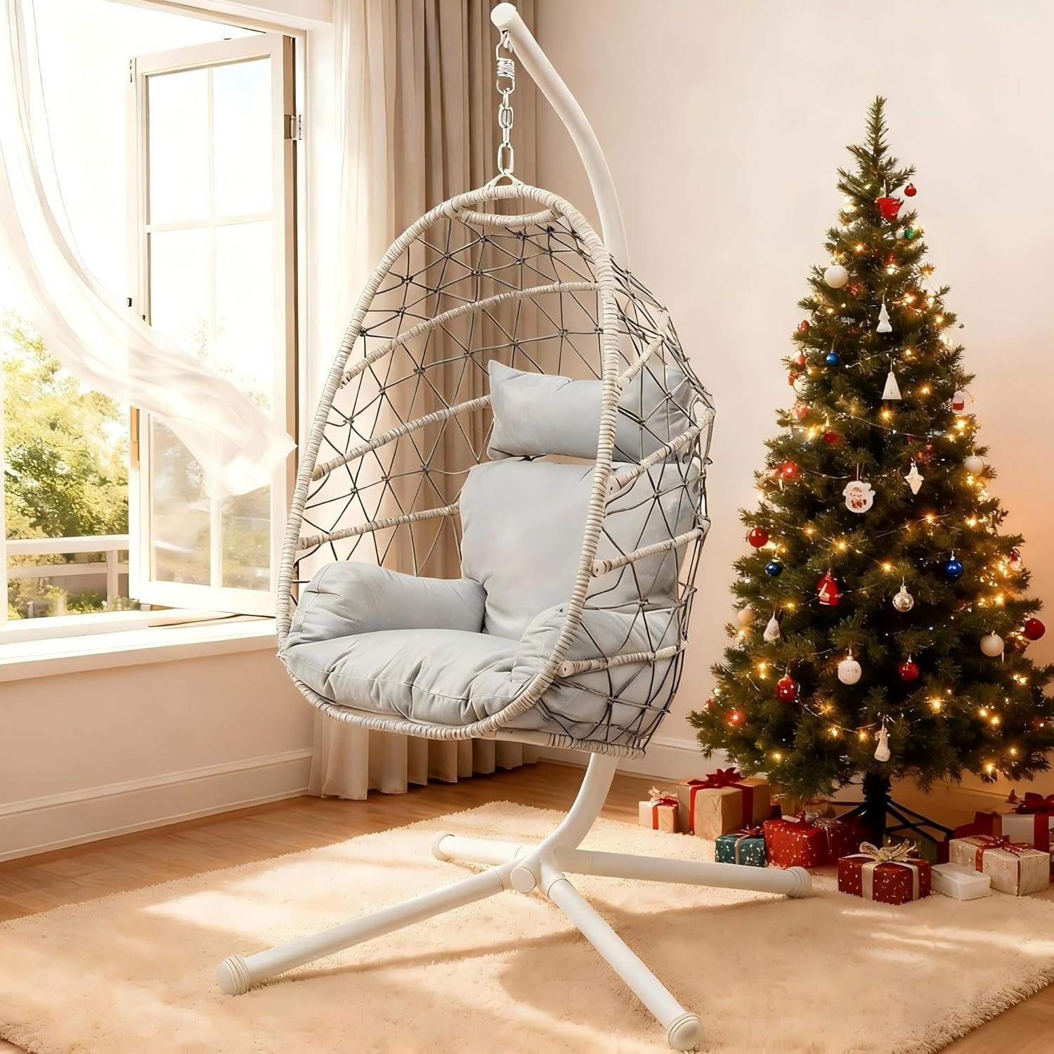Hanging Egg Chair, Swing Chair with Stand, Hammock Chair IndoorPatio Boho Wicker 350lbs Capacity, Swing Chair for Bedroom Garden, Balcony, Beige &Gray