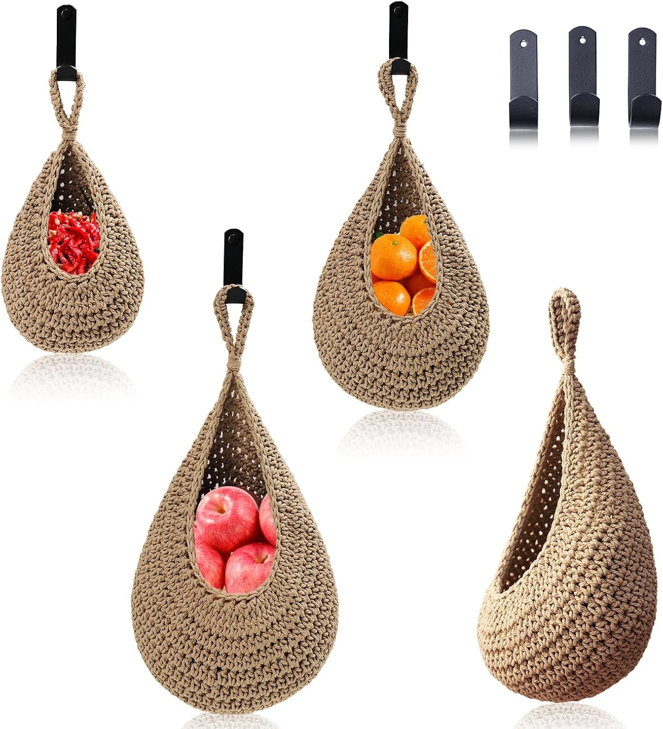 Hanging Fruit Basket Set of 3, Boho Wall Hanging Storage Jute Basket for Organizing & Decor, Handmade Teardrop Hammock Holder for Onion Fruit Vegetable in Home & Restaurant Kitchen with Hooks Hanging Fruit Basket Set of 3, Boho Wall Hanging Storage Jute Basket for Organizing & Decor, Handmade Teardrop Hammock Holder for Onion Fruit Vegetable in Home & Restaurant Kitchen with Hooks