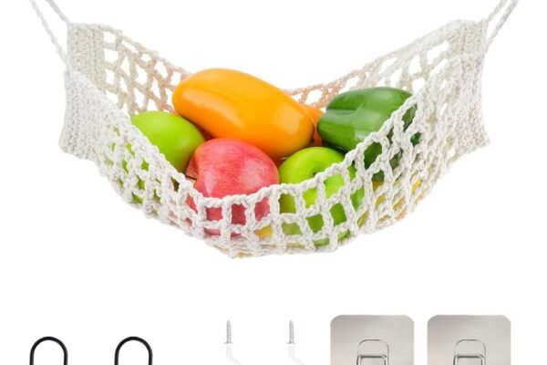 Hanging Fruit Hammock Set, Cotton Fruit Holder with 2 Pcs Self-Adhesive Hooks, 2 Pcs S Hooks and 2 Spiral hook, Hand Woven Wall Mounted Fruit Basket for Kitchen RVs Home