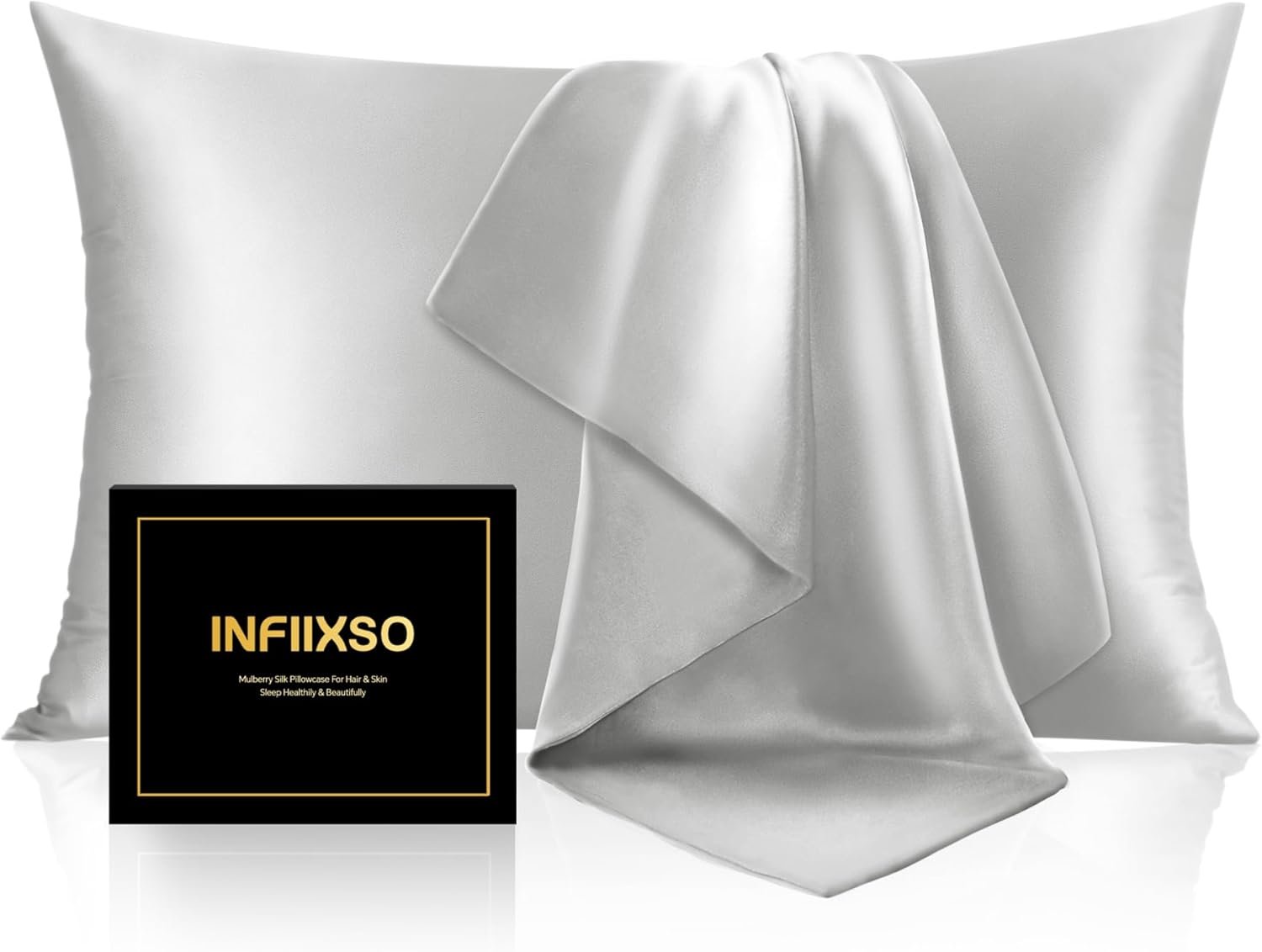 INFIIXSO Mulberry Silk Pillowcase for Hair and Skin, Silk Pillow Cases Standard Size with Hidden Zipper 20×26 Inches, Ultra Smooth and Soft Cooling Pillow Cases for Hot Sleepers(Light Grey, 1 Pack)