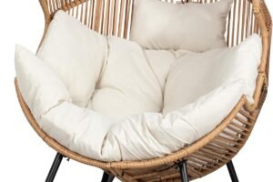 JAMFLY Egg Chair Outdoor Rocking Chairs, Wicker Patio Chair Oversized Lounger Chair with Cushion for Indoor Living Room Bedroom Outside Patio Backyard Balcony, Beige