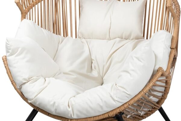 JAMFLY Egg Chair Wicker Outdoor Chairs, Oversized Patio Chair Oversized Lounger Chair with Cushion for Indoor Living Room, Bedroom, Outside Patio Backyard Balcony, Beige