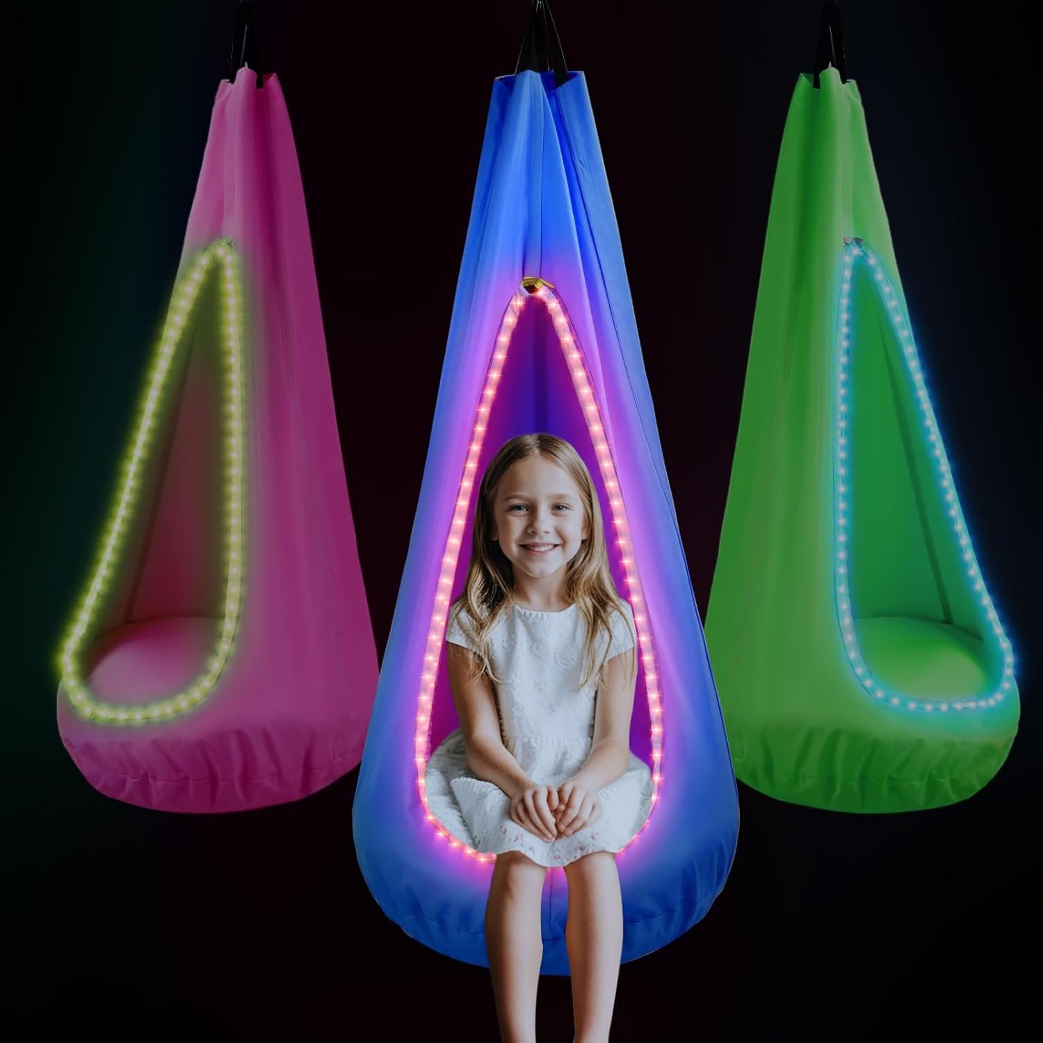 Light Up Kids Pod Swing Seat – Sensory Hammock Chair with Remote & Bluetooth App Control LED Lights, Inflatable Cushion, Pocket – Indoor & Outdoor Swing for Autism & Relaxation Light Up Kids Pod Swing Seat – Sensory Hammock Chair with Remote & Bluetooth App Control LED Lights, Inflatable Cushion, Pocket – Indoor & Outdoor Swing for Autism & Relaxation