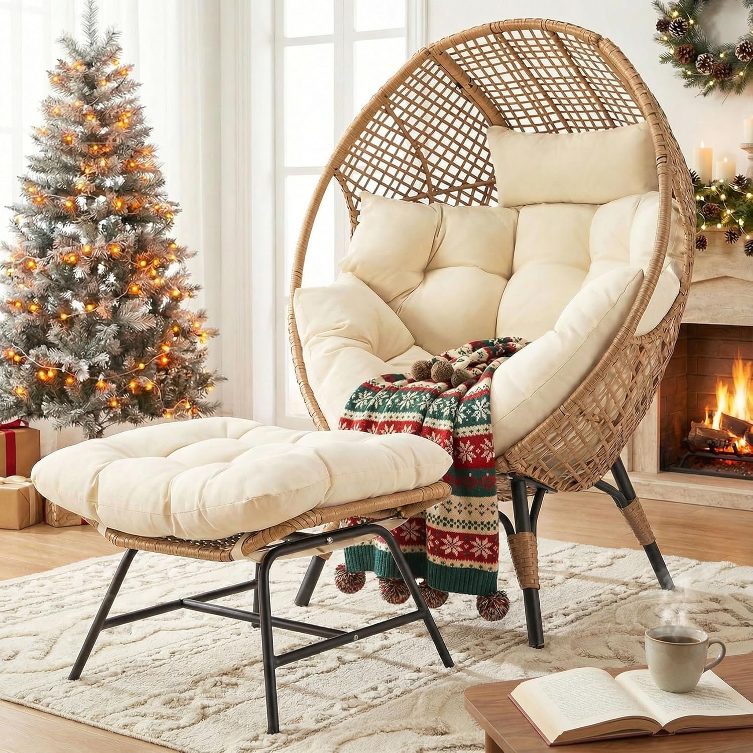 NICESOUL Wicker Egg Chair with Ottoman, Indoor Outdoor Egg Basket Lounge Chair w/Cushion, Oversized Egg Seat with Legs 440 Lbs, Comfy Cozy Boho Style Nest Chair w/Footrest for Patio, Balcony, Beige