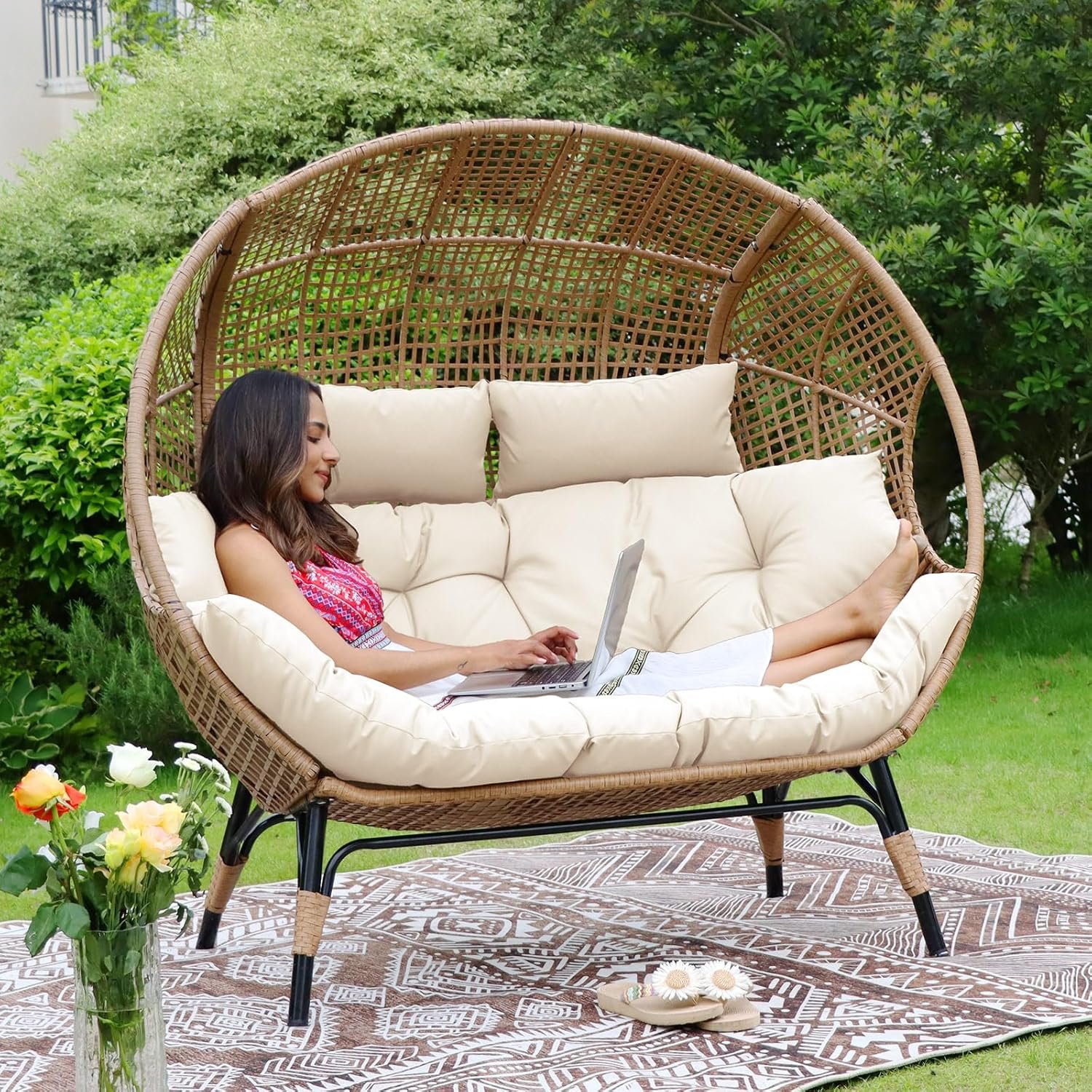 NICESOUL® Double Egg Chair Indoor Outdoor Stationary Oversized Thicken Padded Cushions,2 Person Egg Loveseat Chair,680 lbs Extra Large Lounge Chair for Patio Balcony Porch Backyard Beige, Xmas Gift NICESOUL® Double Egg Chair Indoor Outdoor Stationary Oversized Thicken Padded Cushions,2 Person Egg Loveseat Chair,680 lbs Extra Large Lounge Chair for Patio Balcony Porch Backyard Beige, Xmas Gift