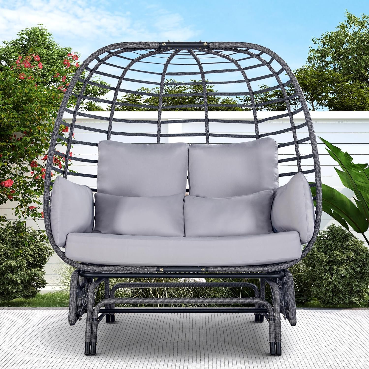 Outdoor Double Egg Chair Patio Chairs – 500lbs Capacity for 2 Person, Oversized Wicker Rocking Glider Chair with Steel Stand, Hand-Woven Lounge Chair Nest Loveseat for Indoor, Porch, Backyard, Balcony