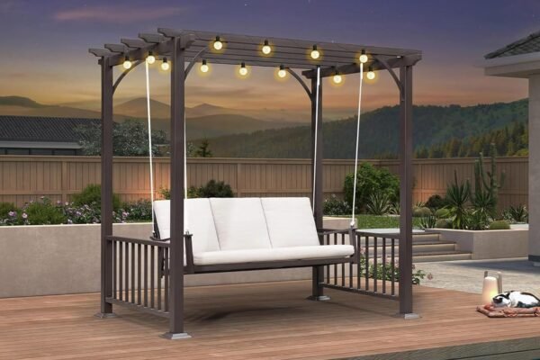 PURPLE LEAF 3-Seat Porch Swing with 12 Clear LED String Lights Outdoor Metal Pergola Swing Hanging Cloud Swing Chair for Backyard Garden Patio Hammock Swinging, Cushion and Pillows Included, Coffee
