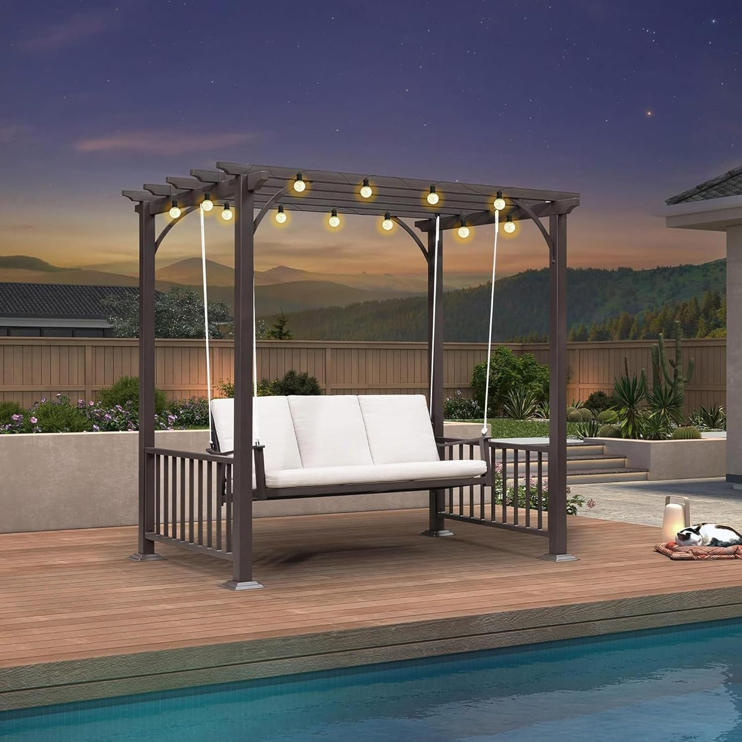 PURPLE LEAF 3-Seat Porch Swing with 12 Clear LED String Lights Outdoor Metal Pergola Swing Hanging Cloud Swing Chair for Backyard Garden Patio Hammock Swinging, Cushion and Pillows Included, Coffee PURPLE LEAF 3-Seat Porch Swing with 12 Clear LED String Lights Outdoor Metal Pergola Swing Hanging Cloud Swing Chair for Backyard Garden Patio Hammock Swinging, Cushion and Pillows Included, Coffee