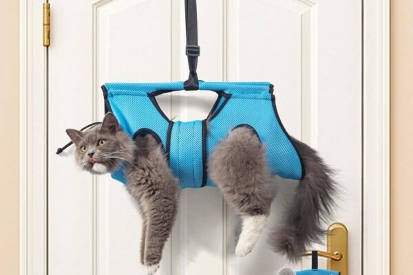 Pet Grooming Hammock for 5-11 lbs Pets – Door-Hook Hanging, Adjustable Height with Full Straps, Machine Washable, 1 Tool Bag Included, Blue