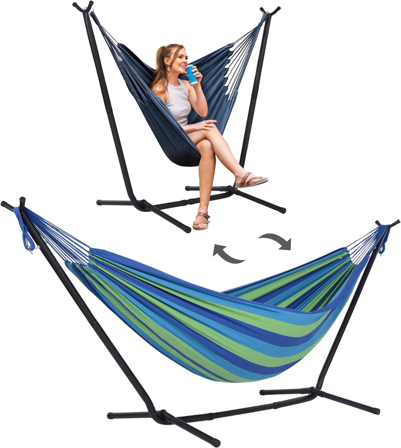 SUNCREAT 2-in-1 Hammocks Hammock Chair with Stand, 475 lbs Capacity, Heavy Duty Two Person Hammock with Stand, Patent Pending, Blue Stripe