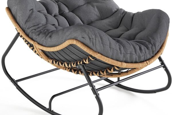 SWITTE Outdoor Rocking Chair, Oversized Patio Papasan Rocker, Comfy Wicker Reading Lounge, Indoor Egg Chair for Bedroom, Living Room, Porch, Garden, Lawn-Dark Grey