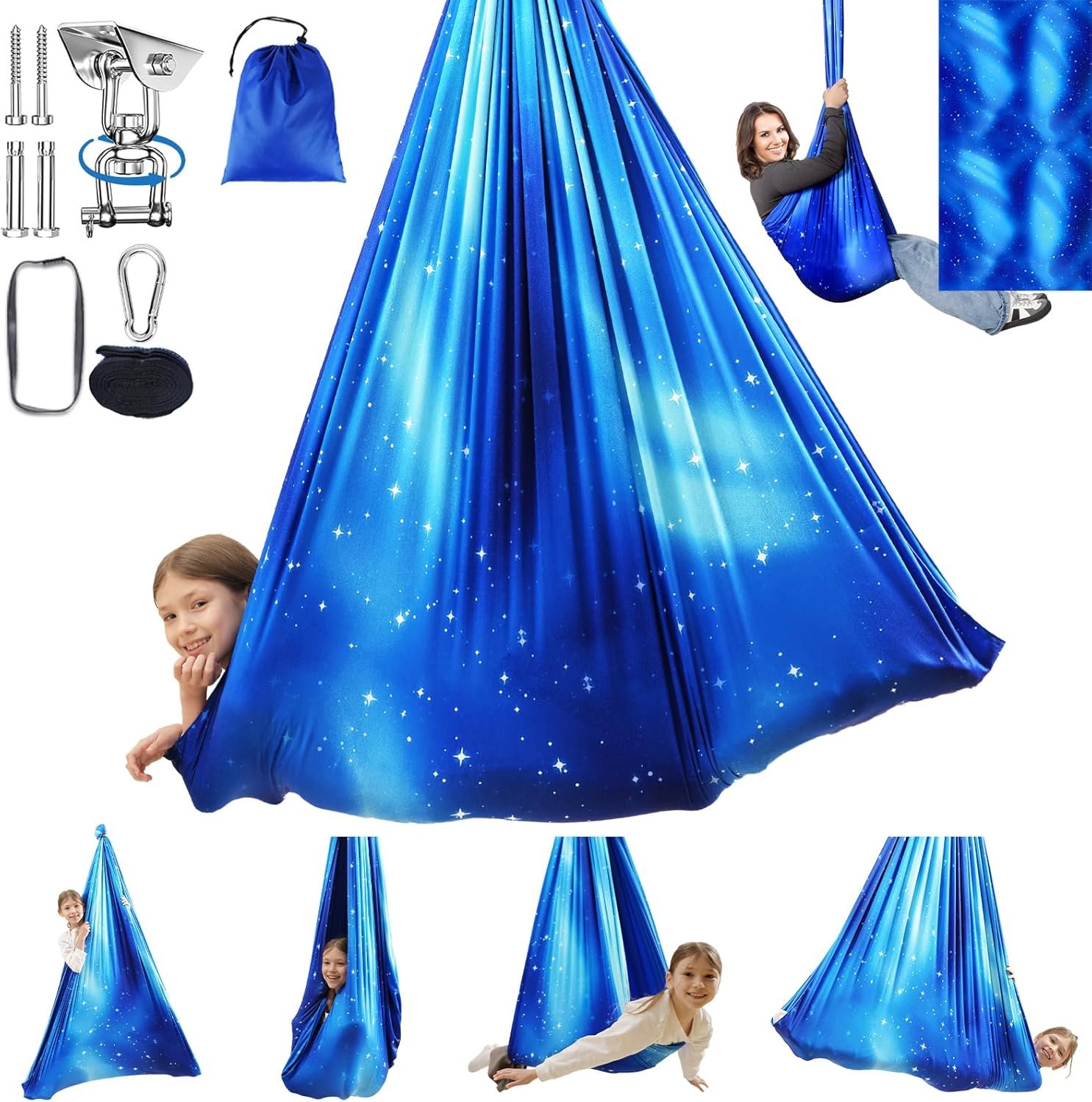 Sensory Swing for Kids Indoor & Outdoor Double Layer Therapy Cuddle Hammock Chair with 360 Swivel Hanger Kit Adjustable Swing for Child and Adult with Aspergers Autism ADHD (Star Blue) Sensory Swing for Kids Indoor & Outdoor Double Layer Therapy Cuddle Hammock Chair with 360 Swivel Hanger Kit Adjustable Swing for Child and Adult with Aspergers Autism ADHD (Star Blue)