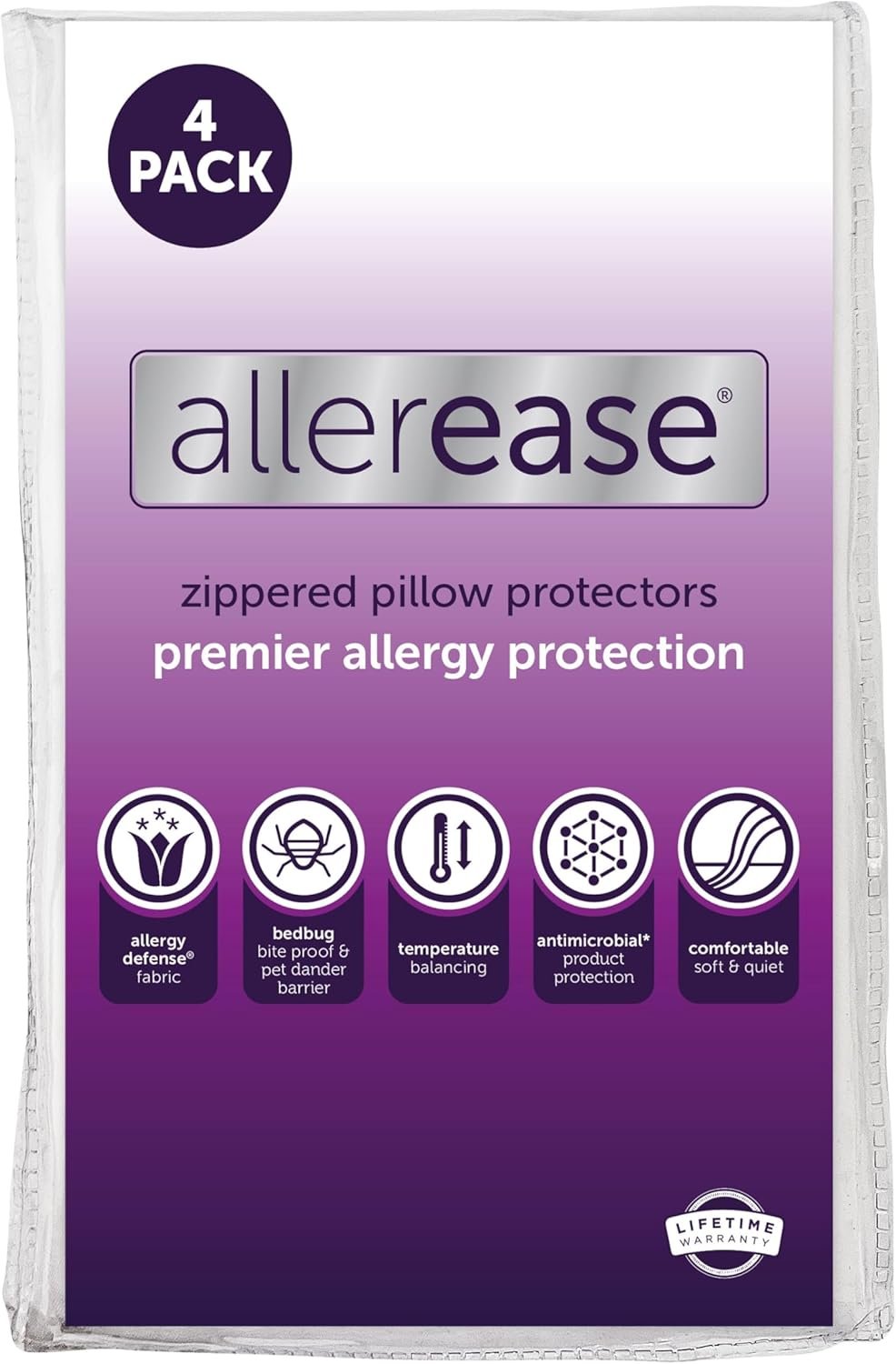 Set of 4 Standard/Queen AllerEase Pillow Protectors – Temperature Balancing, Allergist Recommended – Premium Breathable, Zippered Protectors