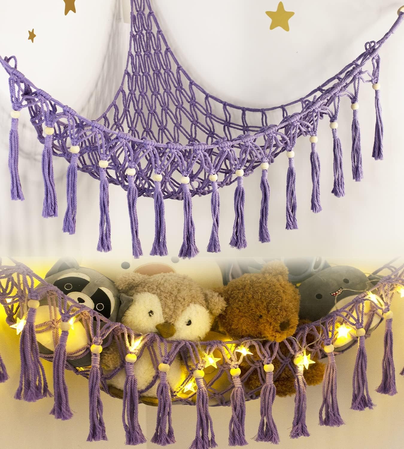 Stuffed Animal Hammock Corner with LED Light – Toy Storage Hammock Plushie Net Organizer – Teddy Bear Stuffy Hammock – Purple Nursery Decor Baby Kids Bedroom Nursery Furniture