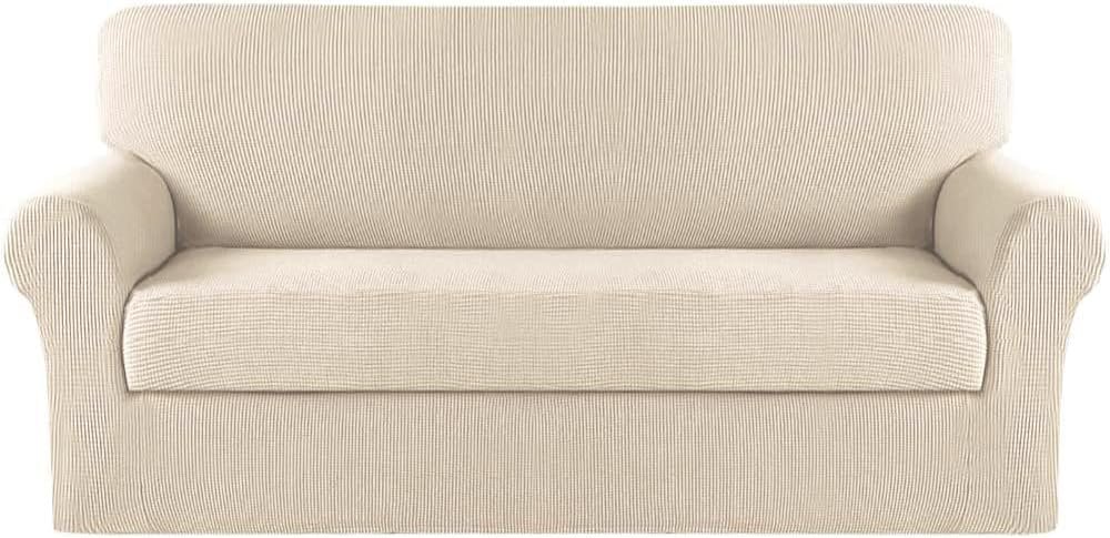 Turquoize Sofa Covers Washable 2 Piece Sofa Covers for 3 Cushion Couch Sofa Slipcovers Stretch Couch Covers Slip Covers with Elastic Bottom Feature Thick Jacquard Fabric (Sofa, Biscotti Beige)