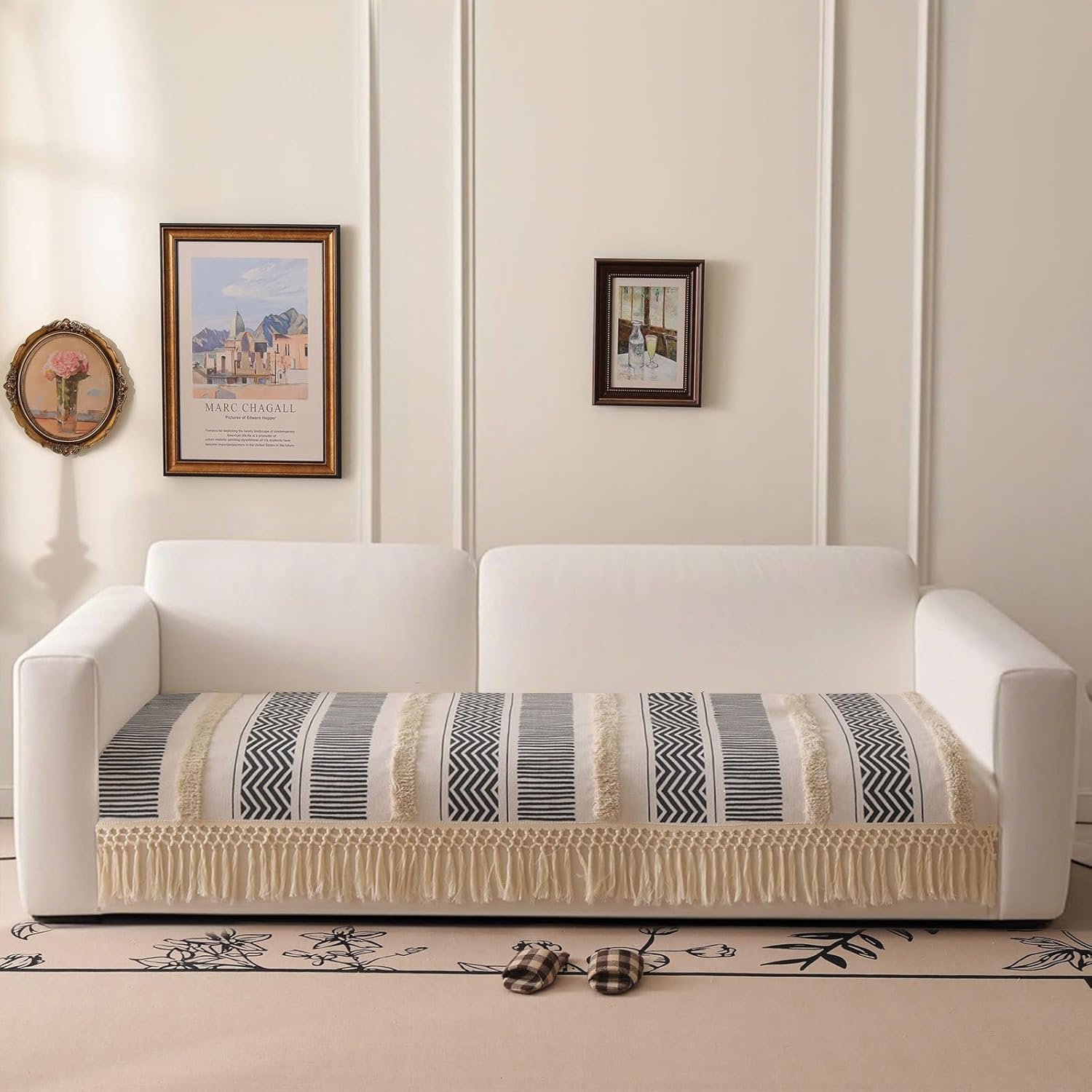 VClife Boho Couch Cover Cotton Linen Tufted Sofa Cover with T***el, Dog Couch Cover for 3 Cushion Couch Sofa Non Slip Sofa Cover for Living Room, 35.4×70.9 inch