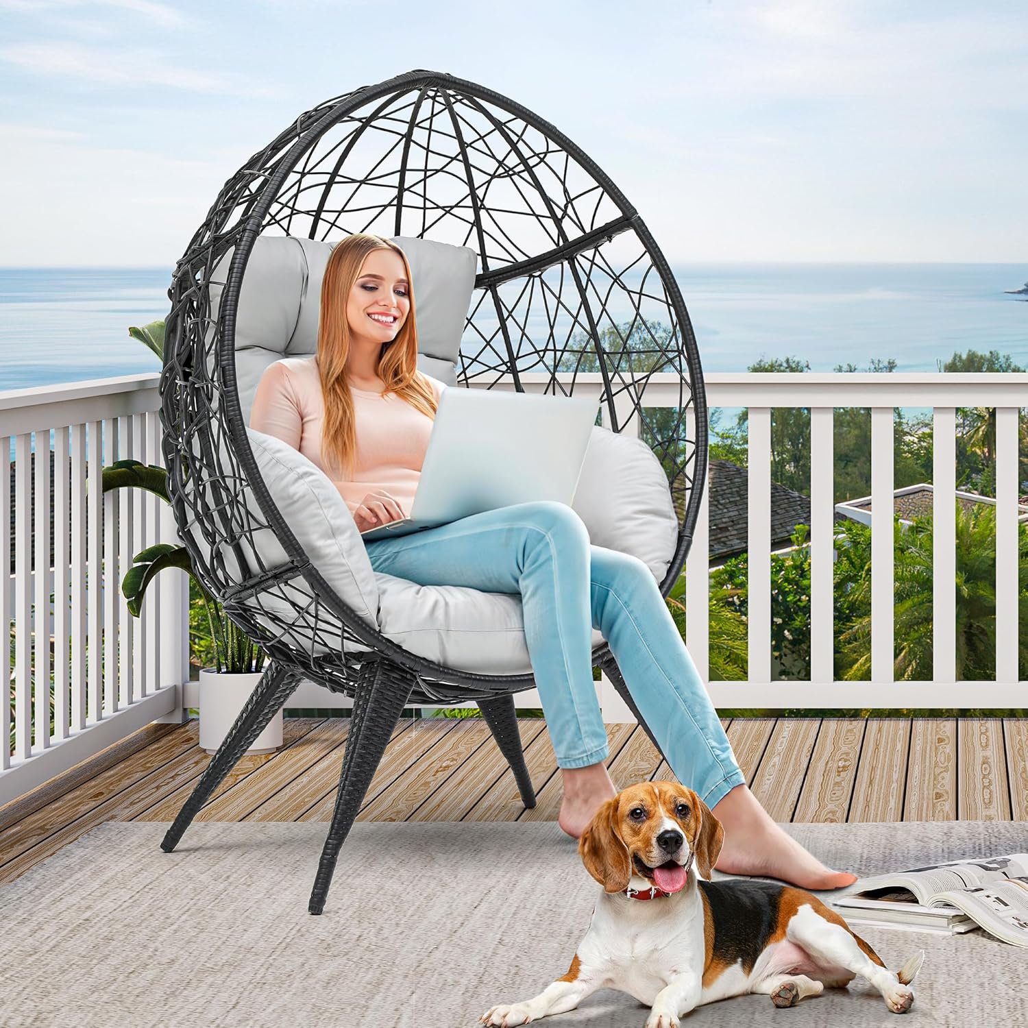 YITAHOME Large Wicker Egg Chair with Stand for Indoor and Outdoor, Cushion, and Adjustable Leveling Feet, Large Lounger for Garden, Patio, Balcony, Backyard,Supports up to 330lbs, Gray
