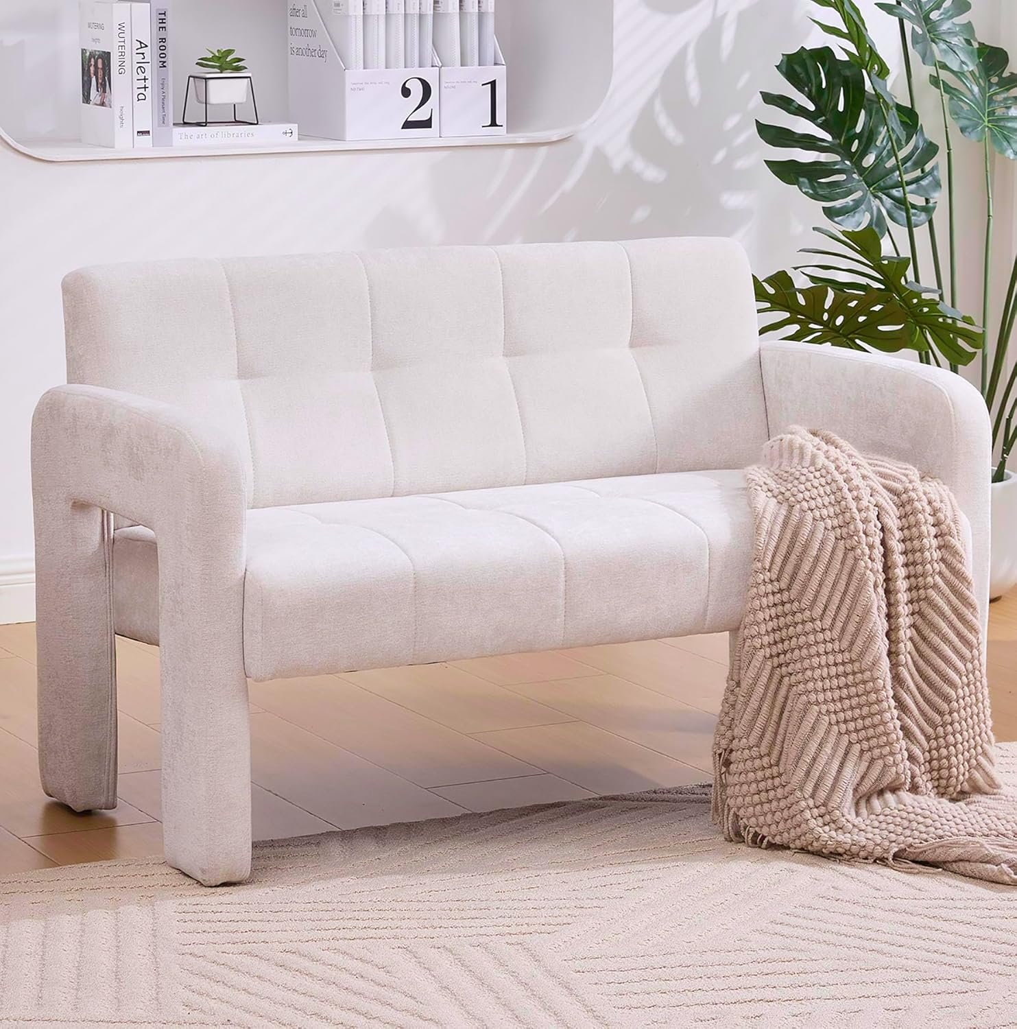 47″ Small Loveseat Sofa, Beige Chenille Mini 2 Seater Couch with Deep Seat, Compact Upholstered Leisure Sofa for Living Room Bedroom, Small Space, Dorm (Beige)