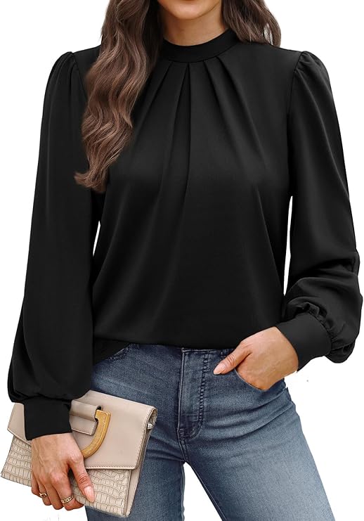 WIHOLL Long Sleeve Shirts for Women Mock Neck Tops Pleated Front Blouses D