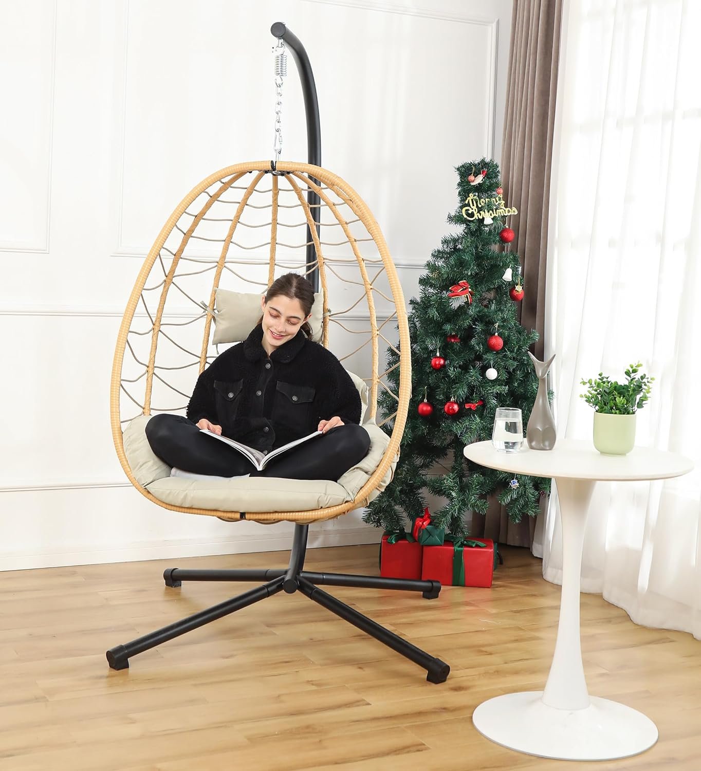 DoubleTT Egg Chair with Stand, Swing Chair Hanging Chair Nest Basket, UV Resistant Removable & Washable Cushions,350LBS Capacity for Bedroom, Balcony, Garden（YE-BE