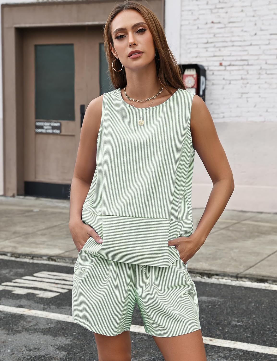 LOMON Women's Trendy 2 Piece Outfits Shorts Sets Summer Crew Neck Sleeveless Tank Top and Bottom Matching with Pockets 2026 - Image 6