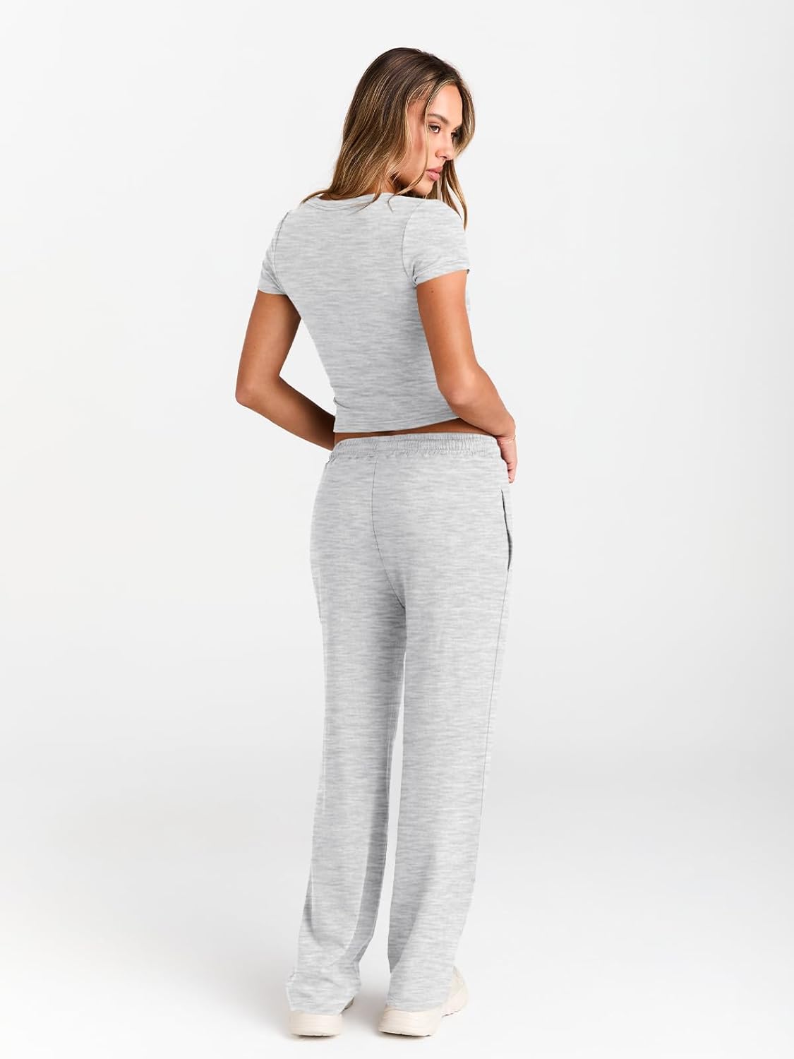 Trendy Queen 2 Piece Matching Summer Sweatsuit Lounge Set Womens Wide Leg Pants Side Ruching Crop Top Sets - Image 4