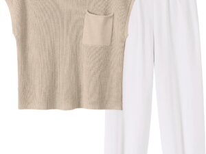 ANRABESS Women Two Piece Outfits Summer Sweater Vest Crop Top Pants Lounge Matching Set Travel Airport Beach Vacation Clothes
