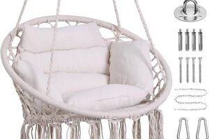 Goutime Hammock Chair, Macrame Hanging Swing Chairs with Cushion and Hardware Kit,Adult Boho Swings for Outside,Patio,Balcony,Bedroom (Beige)