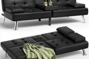 Homall Futon Sofa Bed, Leather Futon Couch with Removable Armrests, Adjustable Recliner Sleeper Sofa Bed with Dual Cup Holders for Living Room, Apartment, Office (Black)