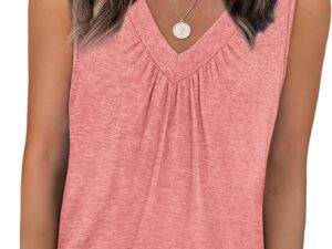 OFEEFAN Tank Top for Women Loose Fit Sleeveless Shirts V Neck Summer Clothes Ruched Women's Tees and Tanks Curved Hem