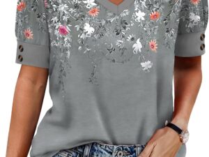 OFEEFAN Womens Tops Short Sleeve Shirts Buttons V Neck Spring Fashion Summer Outfits Plus Size Blouses Dressy Casual