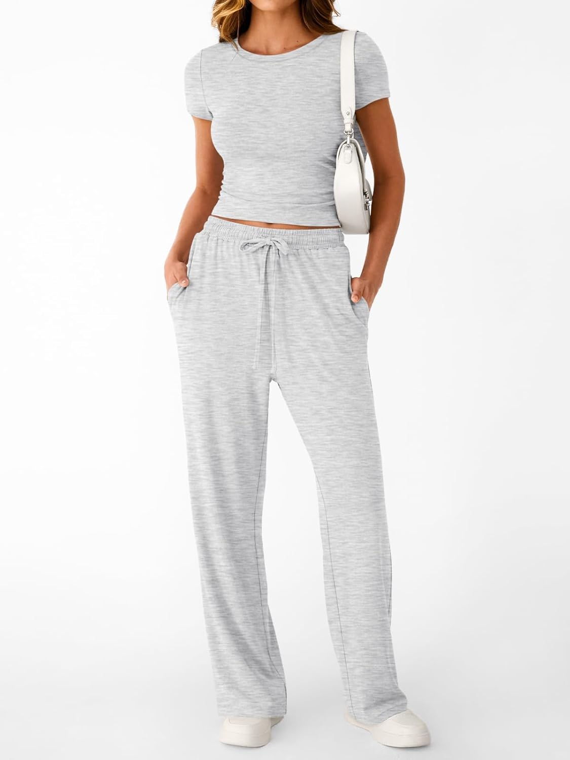 Trendy Queen 2 Piece Matching Summer Sweatsuit Lounge Set Womens Wide Leg Pants Side Ruching Crop Top Sets - Image 2